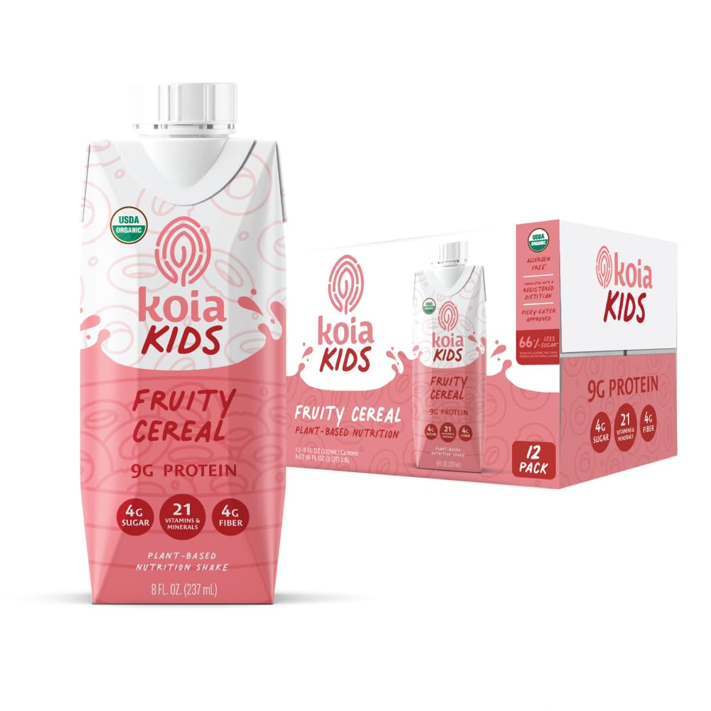 Koia Kids Plant Based Protein Shake, Fruity Cereal, Ready to Drink, 9g Protein, 4g Low Sugar, 4g Fiber, 21 Vitamins & Minerals, Dairy-Free, Allergen-Free, Organic, Non-GMO, 8 Fl Oz (Pack of 12)