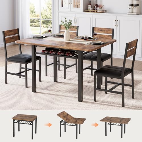MapleGrace Extendable Dining Table Set for 4 with Built-in Shelf Rack Brown