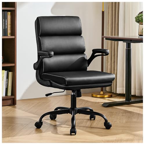 Office Chair Adjustable Desk Chair Mid Back Executive Comfortable Bonded Leather Ergonomic Back Support Home Computer Chair with Padded Flip-up Armrest Swivel Wheels (Black)