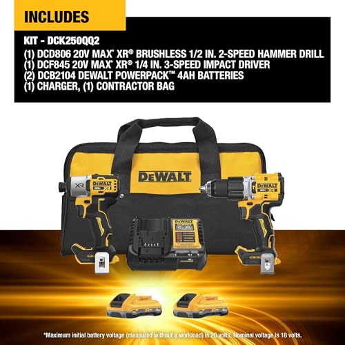 DEWALT 20V MAX XR Impact Driver and Hammer Drill Cordless Power Tool Combo Kit, Includes 2 x 4ah POWERPACK Batteries and a Charger (DCK250QQ2)