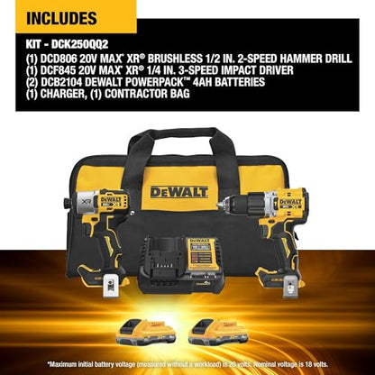 DEWALT 20V MAX XR Impact Driver and Hammer Drill Cordless Power Tool Combo Kit, Includes 2 x 4ah POWERPACK Batteries and a Charger (DCK250QQ2)