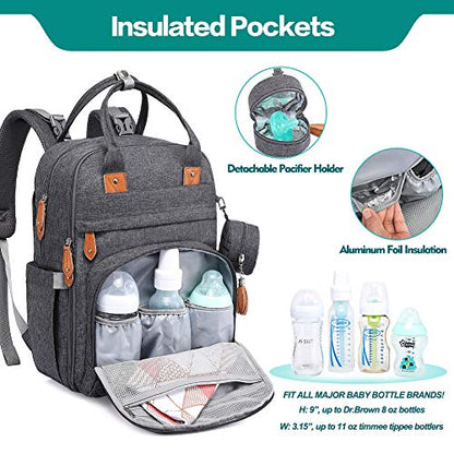 BabbleRoo Diaper Bag Backpack - Multi function Waterproof Diaper Bag, Travel Essentials Baby Tote with Changing Pad, Stroller Straps & Pacifier Case - Unisex, Dark Gray