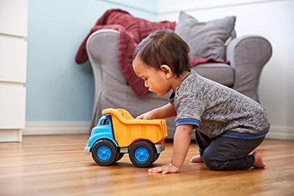 Green Toys Dump Truck, Blue/Orange - Pretend Play, Motor Skills, Kids Toy Vehicle. No BPA, phthalates, PVC. Dishwasher Safe, Recycled Plastic, Made in USA.,Gold/Blue, 10"X7.5"x6.75"