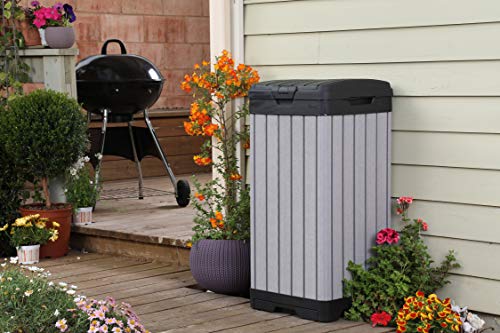 Keter Rockford Resin 38 Gallon Outdoor Kitchen Trash Can with Lid and Drip Tray for Easy Cleaning-Perfect for Patio Dining, Grey