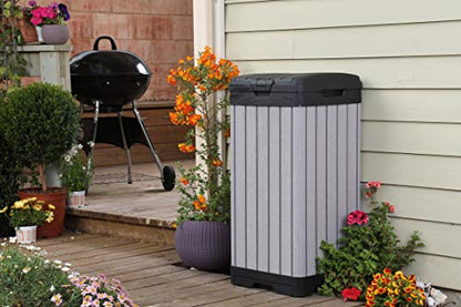 Keter Rockford Resin 38 Gallon Outdoor Kitchen Trash Can with Lid and Drip Tray for Easy Cleaning-Perfect for Patio Dining, Grey