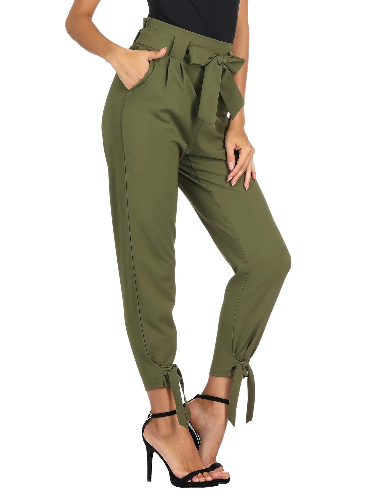 GRACE KARIN Womens Casual High Waist Pencil Pants with Pockets Bow-Knot Cropped Paper Bag Pants for Work Army Green S