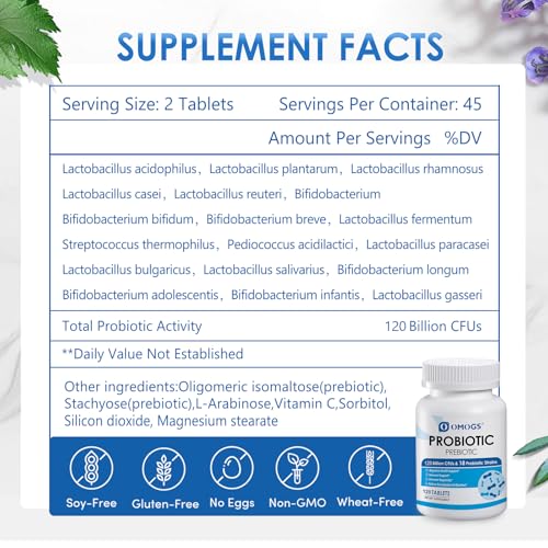 OMOGS Probiotics 120 Billion CFUs 18 Strains,with 3 Organic Prebiotics & Vitamin C,Nutritional Supplement for Women,Men & Kids,Support Metabolism,Immunity and Digestive Health,Non-GMO, 120 Tablets