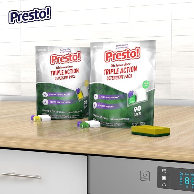 Amazon Brand - Presto! Triple Action Dishwasher Pacs, Fresh Scent, 90 Count