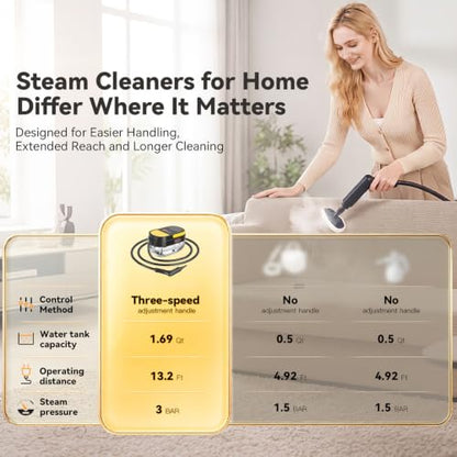 Gautye Steam Cleaner, 3 Level Adjustable Handle with 15 Accessories