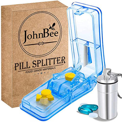 JohnBee Pill Cutter | Best Pill Cutter for Small or Large Pills | Designed in the USA| Cuts Vitamins | Includes Keychain Pill Holder (Blue)