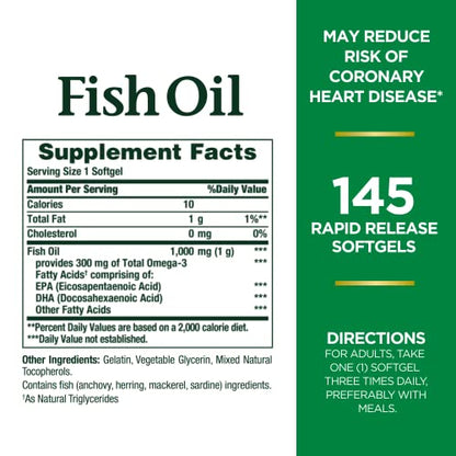 Nature's Bounty Fish Oil, Supports Heart Health, 1000mg, Rapid Release Softgels, 145 Ct