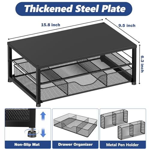 OPNICE Desk Organizer and Accessories, 2-Tier Computer Monitor Stand Riser with Drawer and 2 Pen Holders, Office Desk Accessories for Office Supplies, Black