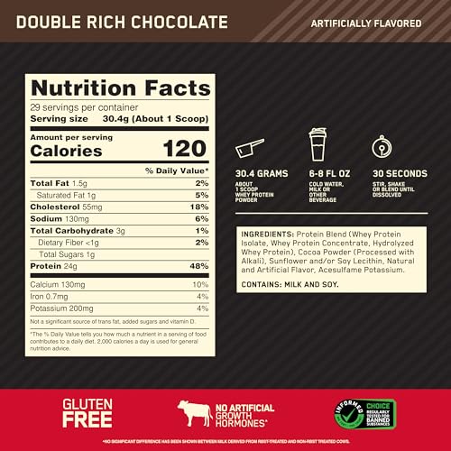 Optimum Nutrition Gold Standard 100% Whey Protein Powder, Double Rich Chocolate, 2 Pound (Packaging May Vary)