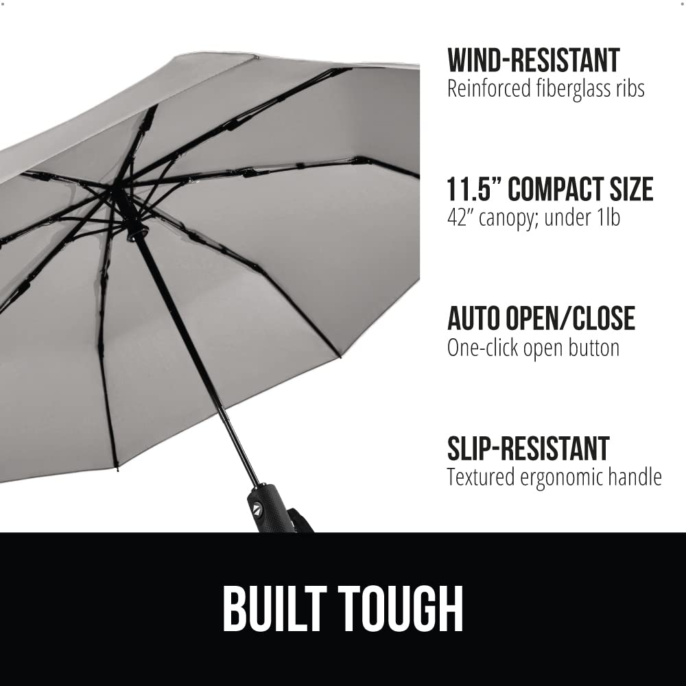 GORILLA GRIP Windproof Compact Stick Umbrella for Rain, One-Click Automatic Open and Close, Strong Reinforced Fiberglass Ribs, Easily Collapsible, Lightweight Portable Umbrellas for Travel, Gray