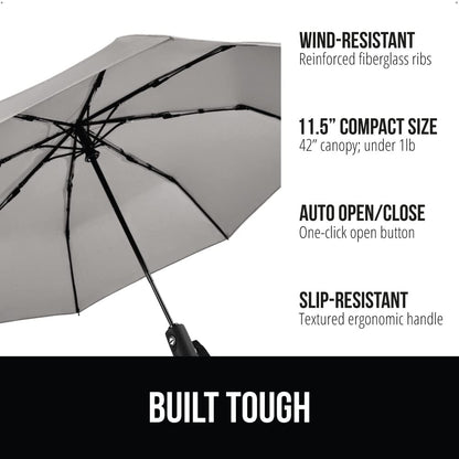 GORILLA GRIP Windproof Compact Stick Umbrella for Rain, One-Click Automatic Open and Close, Strong Reinforced Fiberglass Ribs, Easily Collapsible, Lightweight Portable Umbrellas for Travel, Gray