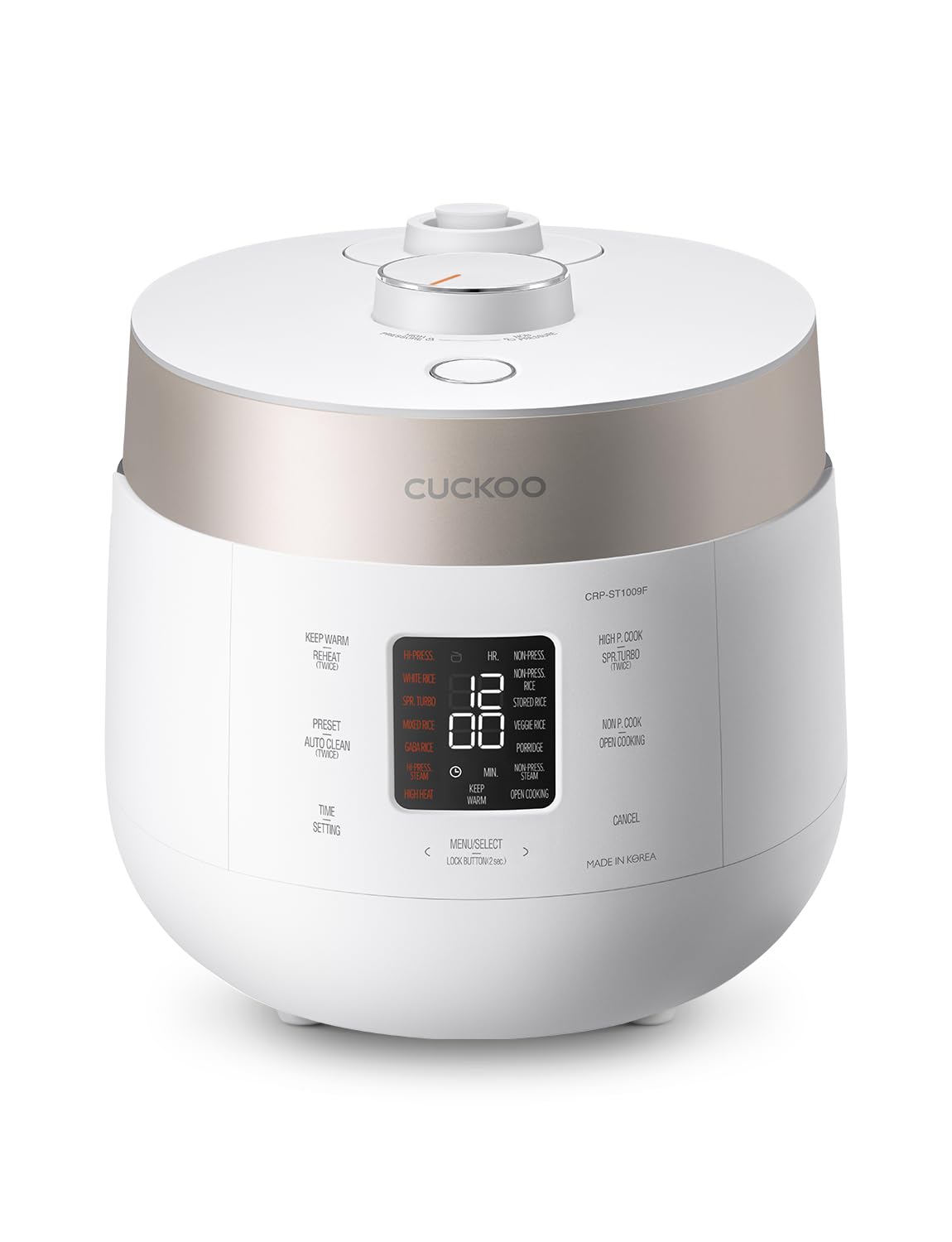 CUCKOO CRP-ST1009FW 10-Cup (Uncooked) / 20-Cup (Cooked) Twin Pressure Rice Cooker & Warmer with Nonstick Inner Pot, 16 Menu Options, 3 Voice Guide, Auto Clean (White)