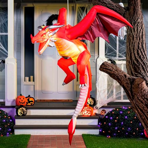 Joiedomi 5 FT Tall Halloween Inflatable Hanging Fire Dragon Decor with Build-in LEDs, Inflatable Blow Up Flying Dragon with Light for Halloween Party Indoor, Outdoor, Yard, Garden, Lawn Decorations