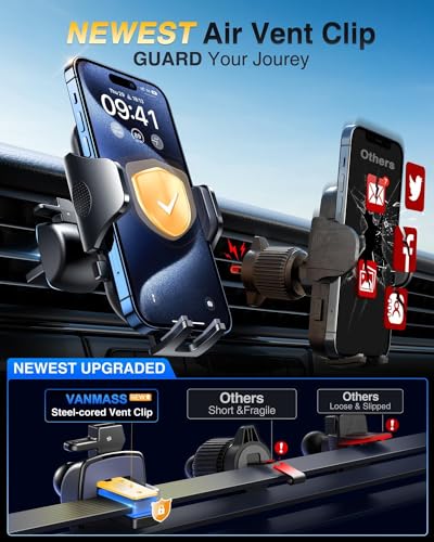 VANMASS 2024 【Best Military-Grade】 Phone Holders for Your Car 【65+LBS Strongest Suction & Clip】 Ultimate Cell Phone Mount Dashboard Window Vent for iPhone 15 Pro Max 14 13 12 Samsung Android Truck