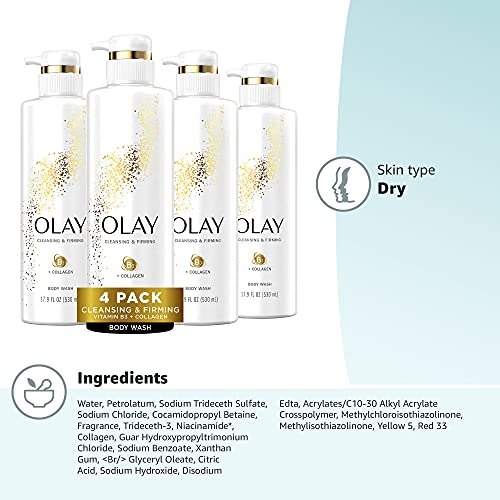 Olay Cleansing & Firming Body Wash for Women with Collagen and Vitamin B3, 20 fl oz (Pack of 4)