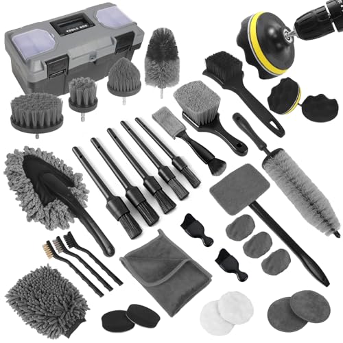 Car Detailing Kit, Car Detailing Brush Set, Car Cleaning Kit, Auto Detailing Tools for Interior Exterior Wheels, Professional Car Wash Accessories with Windshield Cleaning Tool and Storage Box(Grey)