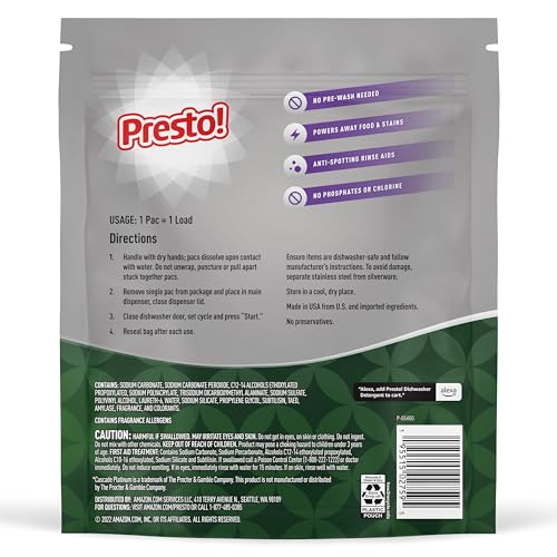 Amazon Brand - Presto! Triple Action Dishwasher Pacs, Lemon Scent, 70 Count