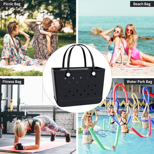 Heibbao X-Large Rubber Beach Bag Tote Bag with Waterproof Zipper Inner Bag, Washable Durable Tote Bag, Storage bags (Black)