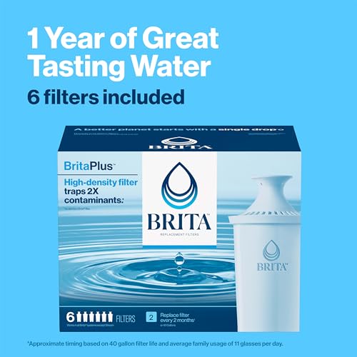 Brita Plus Water Filter, BPA-Free, High-Density Replacement Filter for Pitchers and Dispensers, Reduces 2x Contaminants*, Lasts Two Months or 40 Gallons, Includes 6 Filters