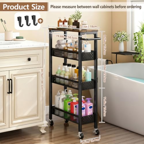 Gibyela 4-Tier Slim Utility Rolling Cart with Wheels, Wood Top, Metal | 7.1" Slim Design for Narrow Spaces, Wood Top with Metal Frame, Ideal for Laundry Room, Bathroom, Kitchen and Office