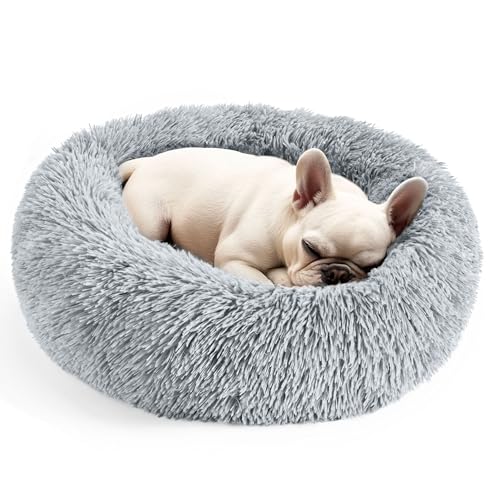 Hoewina Dog & Cat Bed for Indoor Cats, 20in Calming Donut Bed (Light Grey)