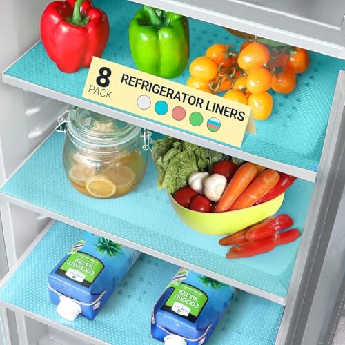 Refrigerator Liners for Shelves (8 Pack) by Linda's Essentials - Non-Adhesive Shelf or Drawer Liner, BPA-Free Fridge Mats for Kitchen & Cabinets, Easy to Clean, Ideal Household Essentials (Blue)