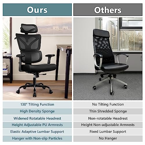 Winrise Office Chair Ergonomic Desk Chair, High Back Gaming Chair, Big and Tall Reclining chair Comfy Home Office Desk Chair Lumbar Support Breathable Mesh Computer Chair Adjustable Armrests (Black)
