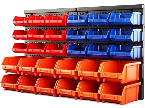HORUSDY Wall Mounted Storage Bins Parts Rack 30PC Organizer Garage Plastic Shop Tool for Men's Gift, Blue,Orange,Red