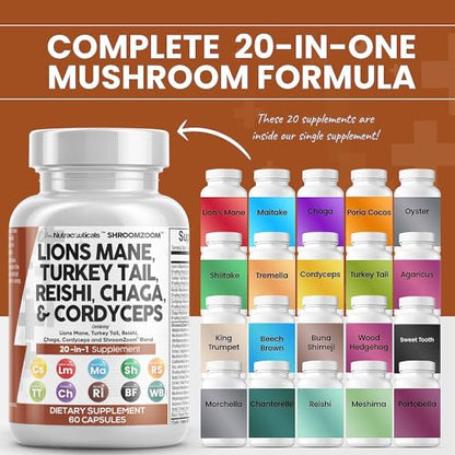 Clean Nutraceuticals Lions Mane 3000mg 20in1 Mushroom Supplement with Turkey Tail 2000mg Reishi 1000mg Cordyceps Chaga 1000mg Maitake Meshima Poria Cocos Shiitake Oyster Porcini Enoki 60 Count