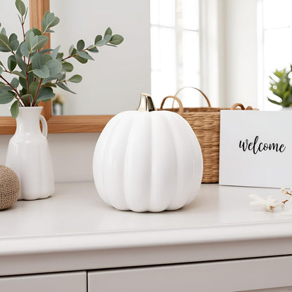 Pearhead White Ceramic Pumpkin with Gold Stem – Elegant Fall Harvest Décor, Modern Autumn Tabletop Accent, Thanksgiving Centerpiece, and Seasonal Home Decoration