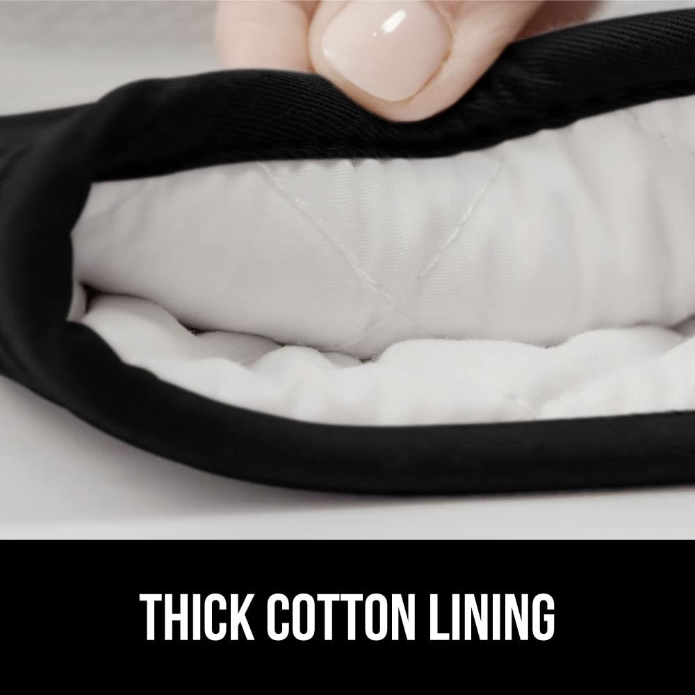 Gorilla Grip BPA-Free Soft Silicone Oven Mitts, Heat and Slip Resistant Thick Cotton Lined Cooking Mitt Set, Long Flexible Potholders Protect Hands, Kitchen Essential Waterproof Gloves, 12.5" Black