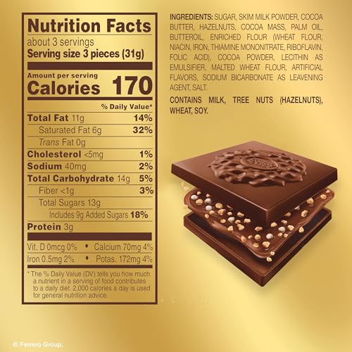 Ferrero Rocher Premium Hazelnut Milk chocolate squares, Valentine's Day Chocolate Gifts, 60 Pieces, 22.2 oz