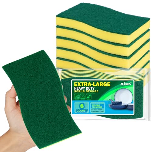 AIDEA Sponges Kitchen, XL Heavy Duty Dish Sponge, Cleaning Dish Scrubber Sponge for Home and Kitchen, Extra Large Cleaning Supplies for Pots, Pans, 6 Pack