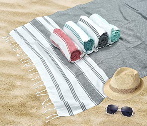 GLAMBURG Peshtemal Turkish Towel 100% Cotton Beach Towels Oversized 36x71 Set of 6, Soft Durable Absorbent Extra Large Bath Sheet Hammam Towel for Adults - Charcoal Grey