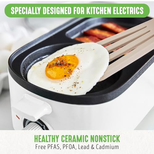 GreenLife 3-in-1 Breakfast Maker Station, Healthy Ceramic Nonstick Dual Griddles for Eggs Meat Sausage Bacon Pancakes and Breakfast Sandwiches, 2 Slice Toast Drawer, Easy-to-use Timer, White