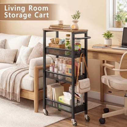 Gibyela 4-Tier Slim Utility Rolling Cart with Wheels, Wood Top, Metal | 7.1" Slim Design for Narrow Spaces, Wood Top with Metal Frame, Ideal for Laundry Room, Bathroom, Kitchen and Office