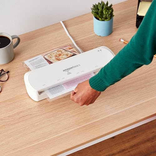 Amazon Basics 9-Inch Thermal Laminator Machine with Quick Warm-Up, 2 Heat Settings, Jam Release for Documents and Photos, White