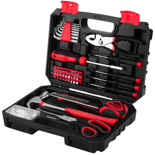 DEKOPRO 50 Piece General Household Hand Tool Kit with Plastic Toolbox Storage Case, All Purpose Home Tool Kit Includes Essential Tools for Office College Repairs - Red