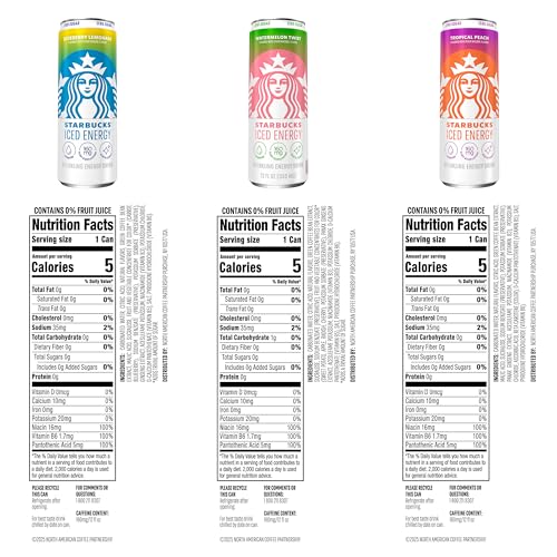 Starbucks Iced Energy Drink, 3 Flavor Variety Pack (Tropical Peach, Watermelon Splash, Blueberry Lemonade), Zero Sugar Energy Drink, Plant Based Caffeine, Hydration, Mental Clarity, 12 Fl Oz Cans (Pack of 12)