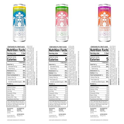 Starbucks Iced Energy Drink, 3 Flavor Variety Pack (Tropical Peach, Watermelon Splash, Blueberry Lemonade), Zero Sugar Energy Drink, Plant Based Caffeine, Hydration, Mental Clarity, 12 Fl Oz Cans (Pack of 12)