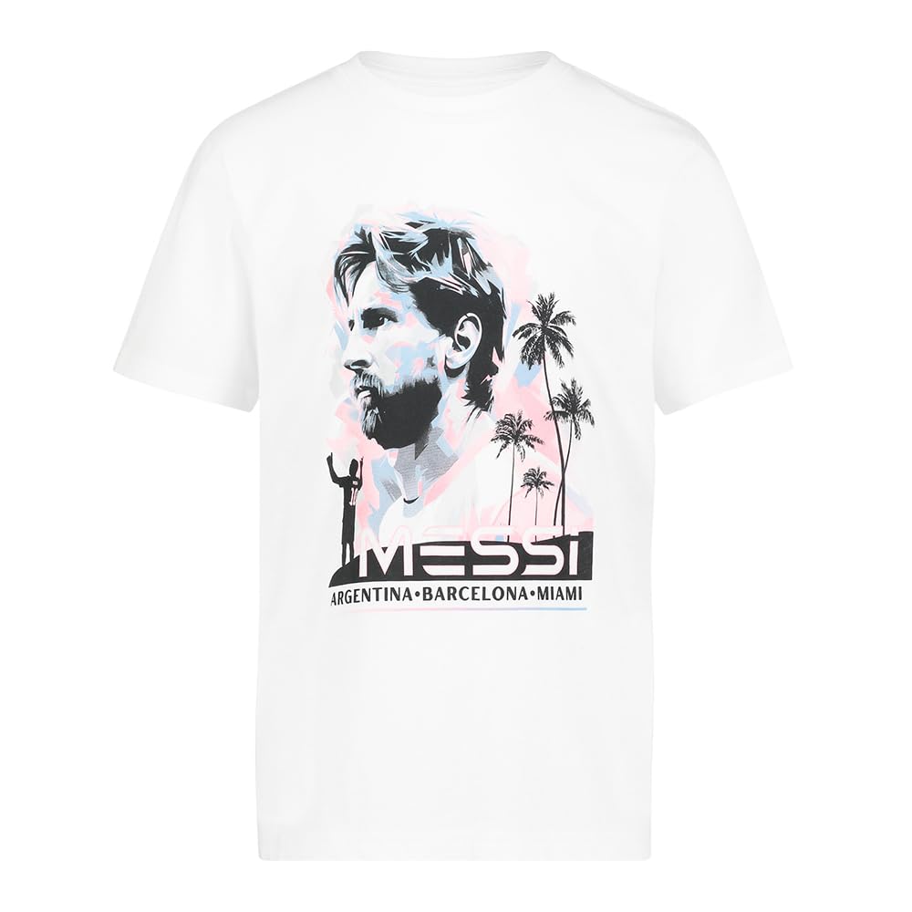 Messi Boys' Lifestyle Short Sleeve T-Shirt, Standard Fit Graphic Tee, Cotton Blend Fabric, Bright White