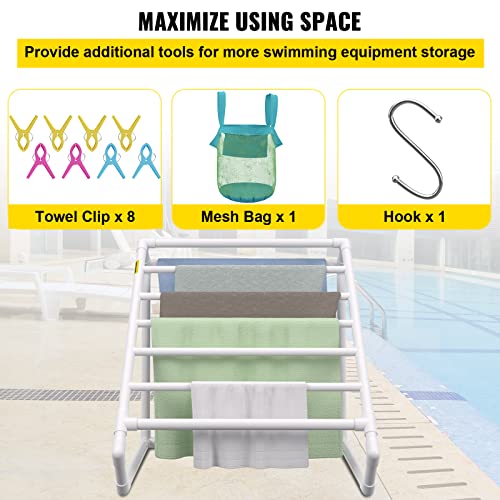 VEVOR Pool Towel Rack, 8 Bar, White, Freestanding Outdoor PVC Triangular Poolside Storage Organizer, Include 8 Towel Clips, Mesh Bag, Hook, Also Stores Floats and Paddles, for Beach, Swimming Pool