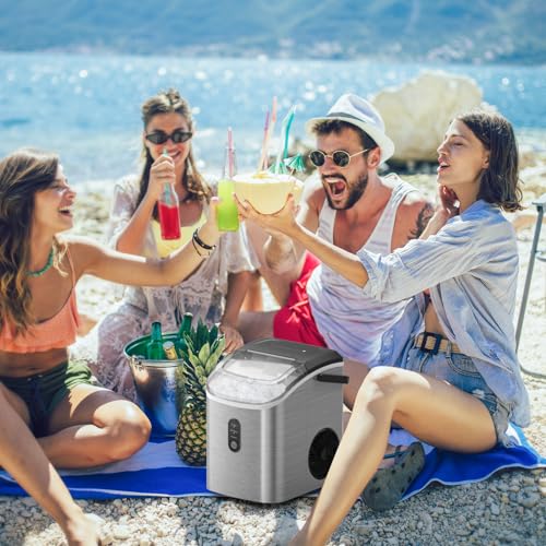 FREE VILLAGE Nugget Ice Maker Countertop, Pebble Ice Maker Machine with Soft Chewable Ice, 34lbs/24H, Self-Cleaning, One-Click Operation, Stainless Steel, Crushed Ice Maker for Home Kitchen Office