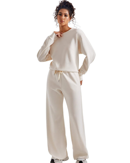 SUUKSESS Women Modal 2 piece outfits Oversized Sweatshirt Fall Lounge Set Wide Leg Pants Matching Sets (Apricot,S)