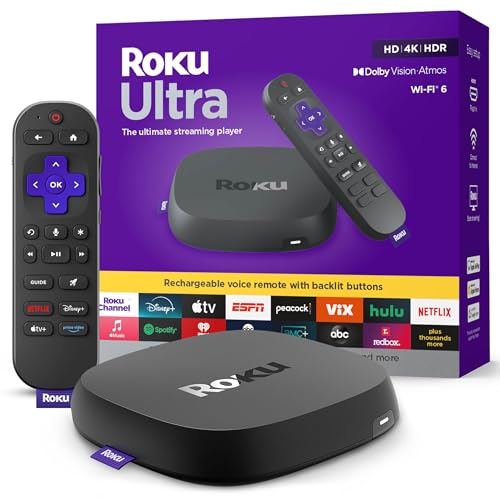 Roku Ultra - Ultimate Streaming Player - 4K Streaming Device for TV with HDR10+, Dolby Vision & Atmos - Bluetooth & Wi-Fi 6 - Rechargeable Voice Remote Pro with Backlit Buttons - Free & Live TV