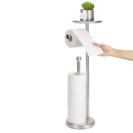 Toilet Paper Holder Stand with Phone Shelf, Freestanding TP Holder, Holds 5 Rolls, Stainless Steel (Brushed Nickel)